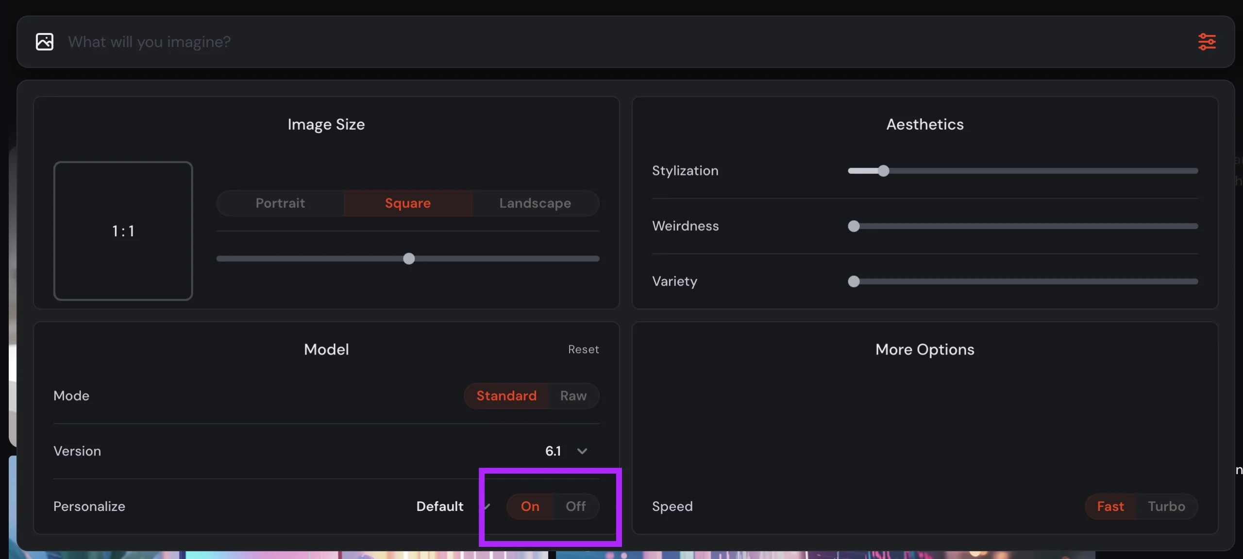 Midjourney.com settings personalization location